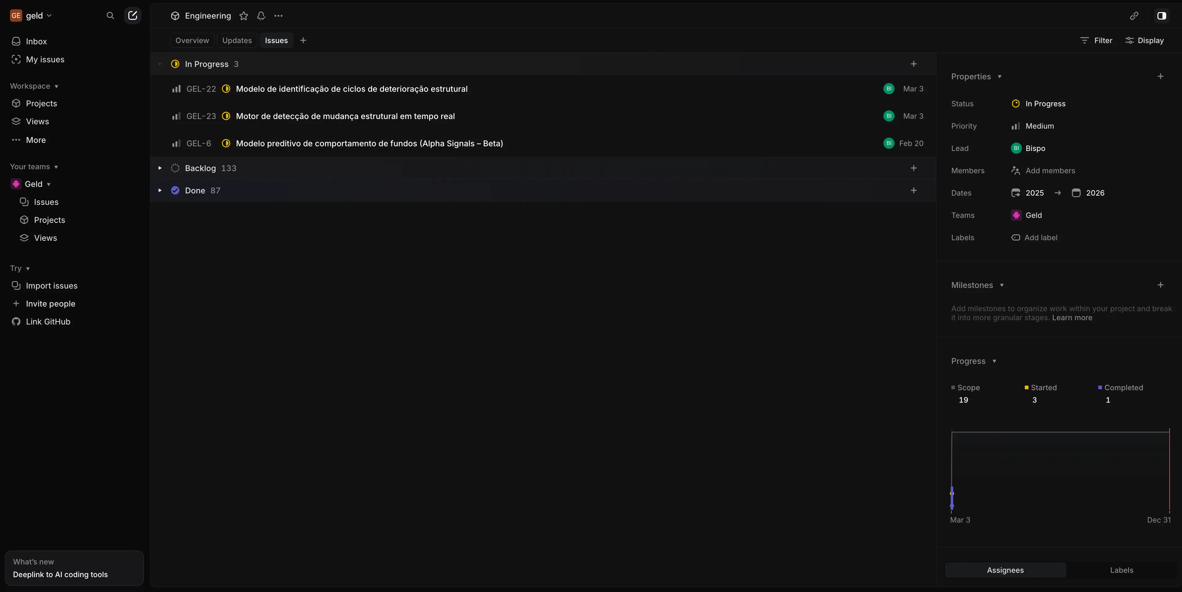 Interface do radar analítico Geld em tela de produto